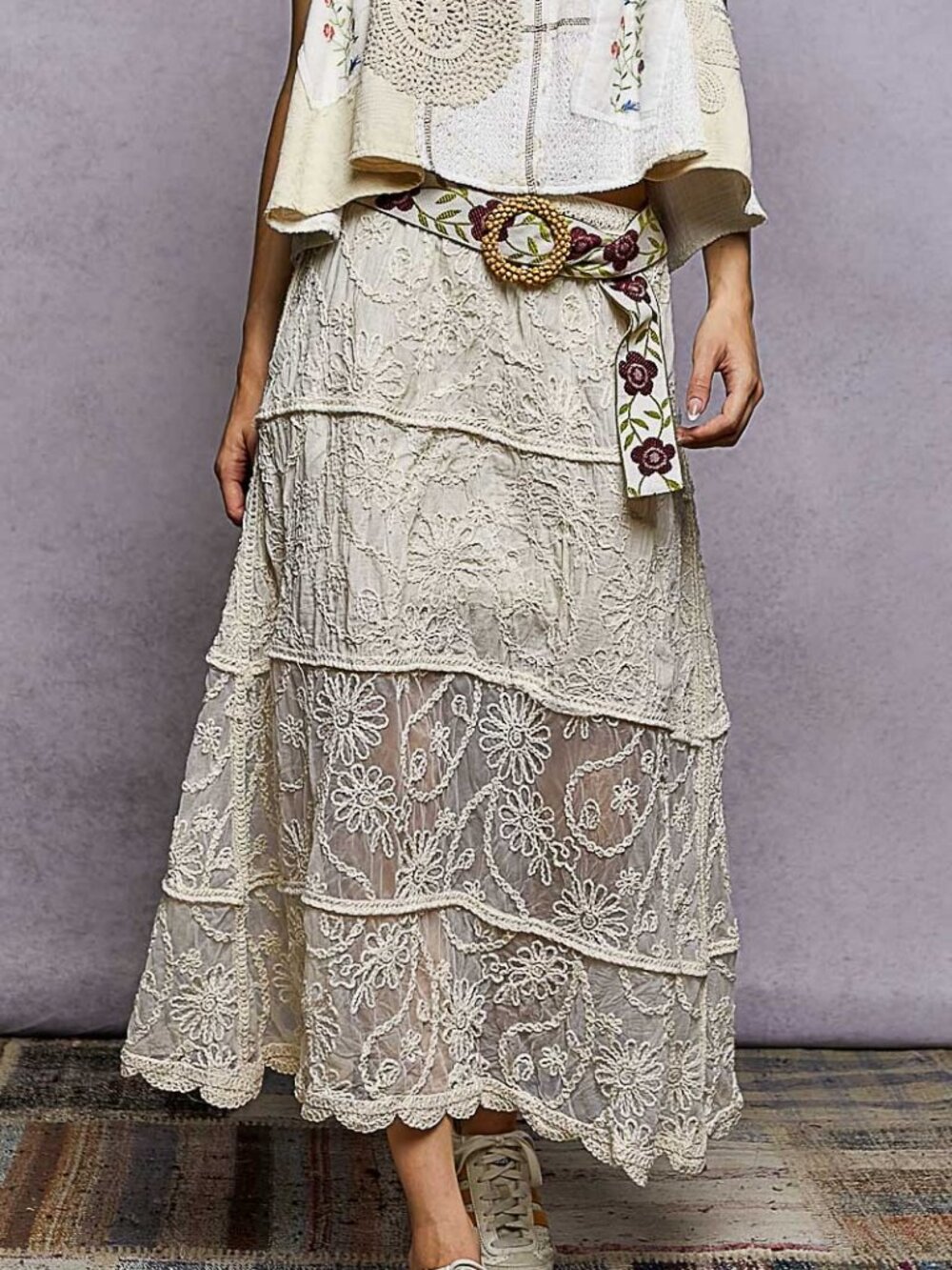 Floral Embroidered Tiered Crochet Skirt Boho Cottagecore Style